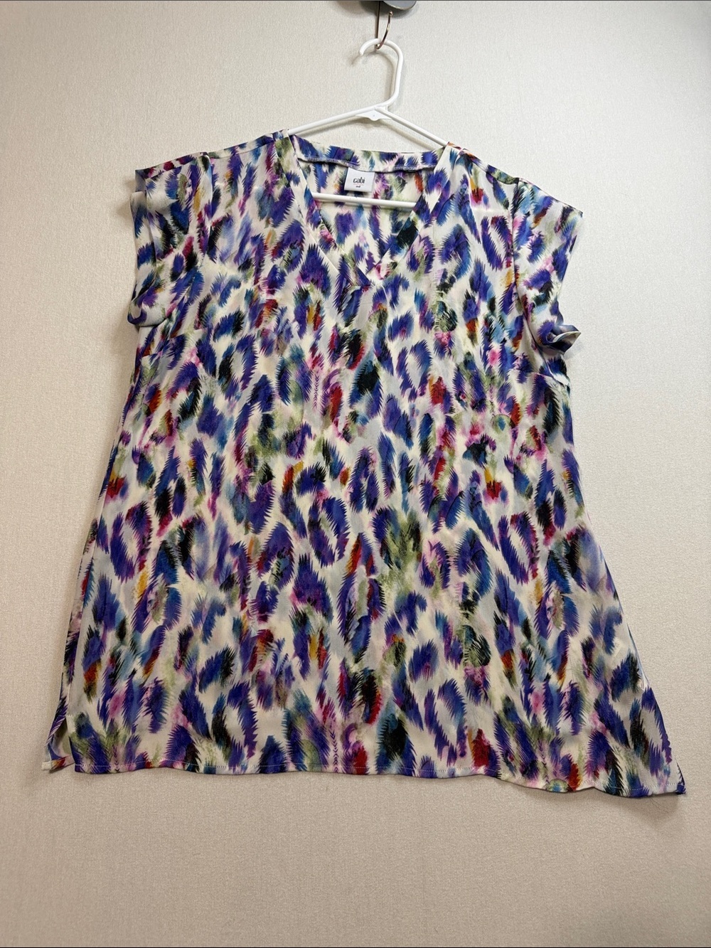 CAbi Multicolor Feather-Print V-Neck Tunic — Blue, Purple, Green, Pink Accents